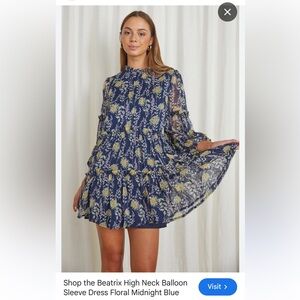 Beatrix high neck ballon sleeve Floral Navy Blue Dress